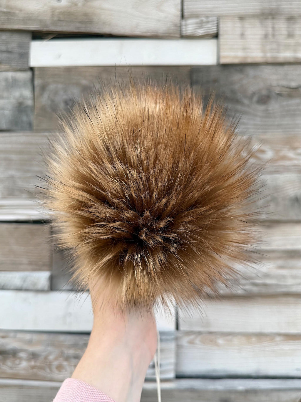 Large brown fur pom-pom for beanies 
