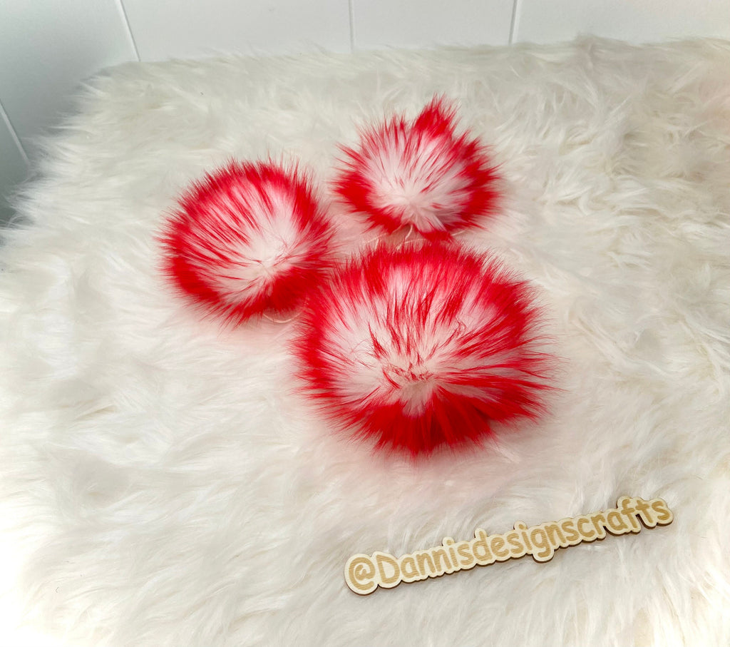 White with red tips faux fur Pom Pom