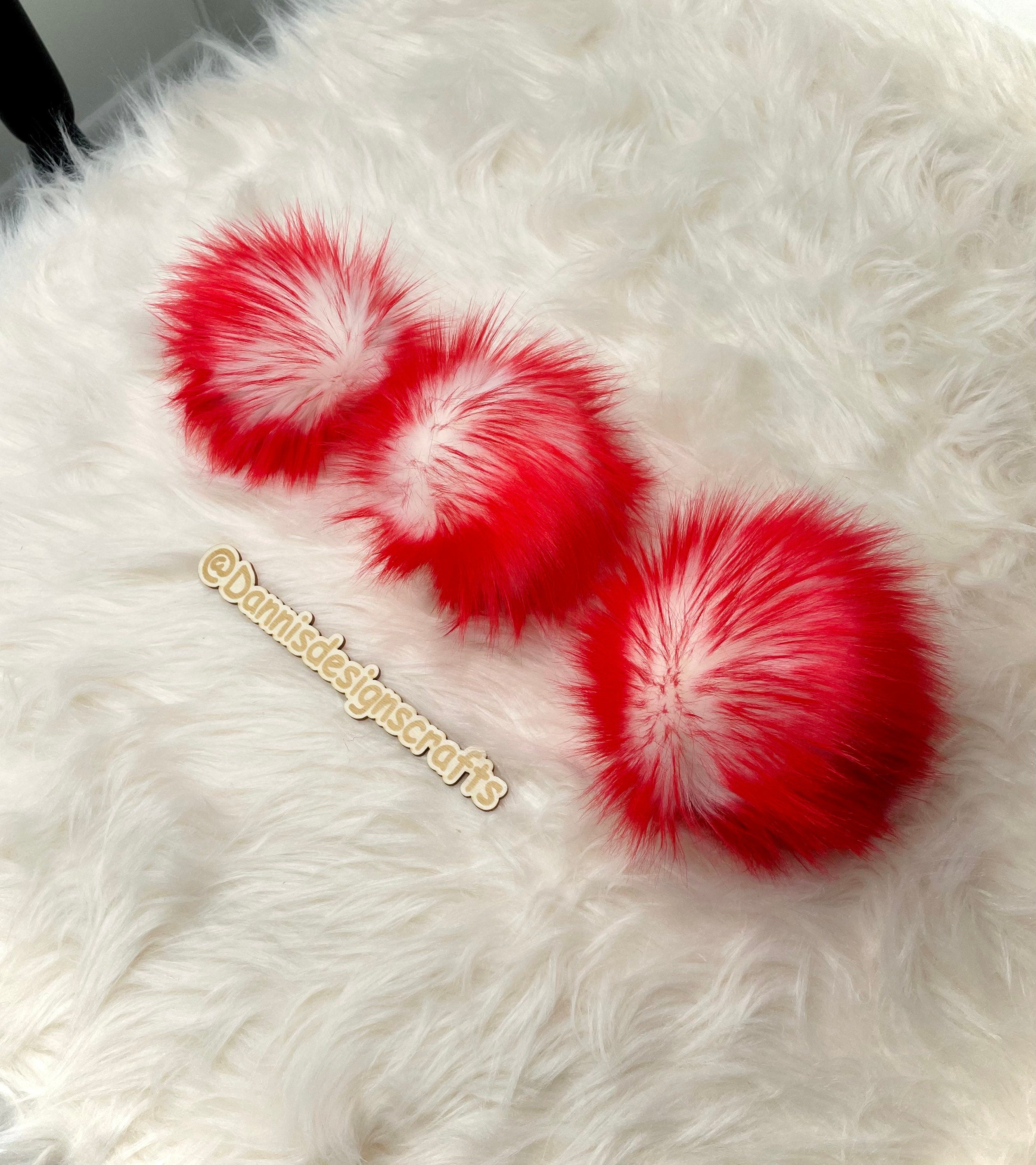 White with red tips faux fur Pom Pom