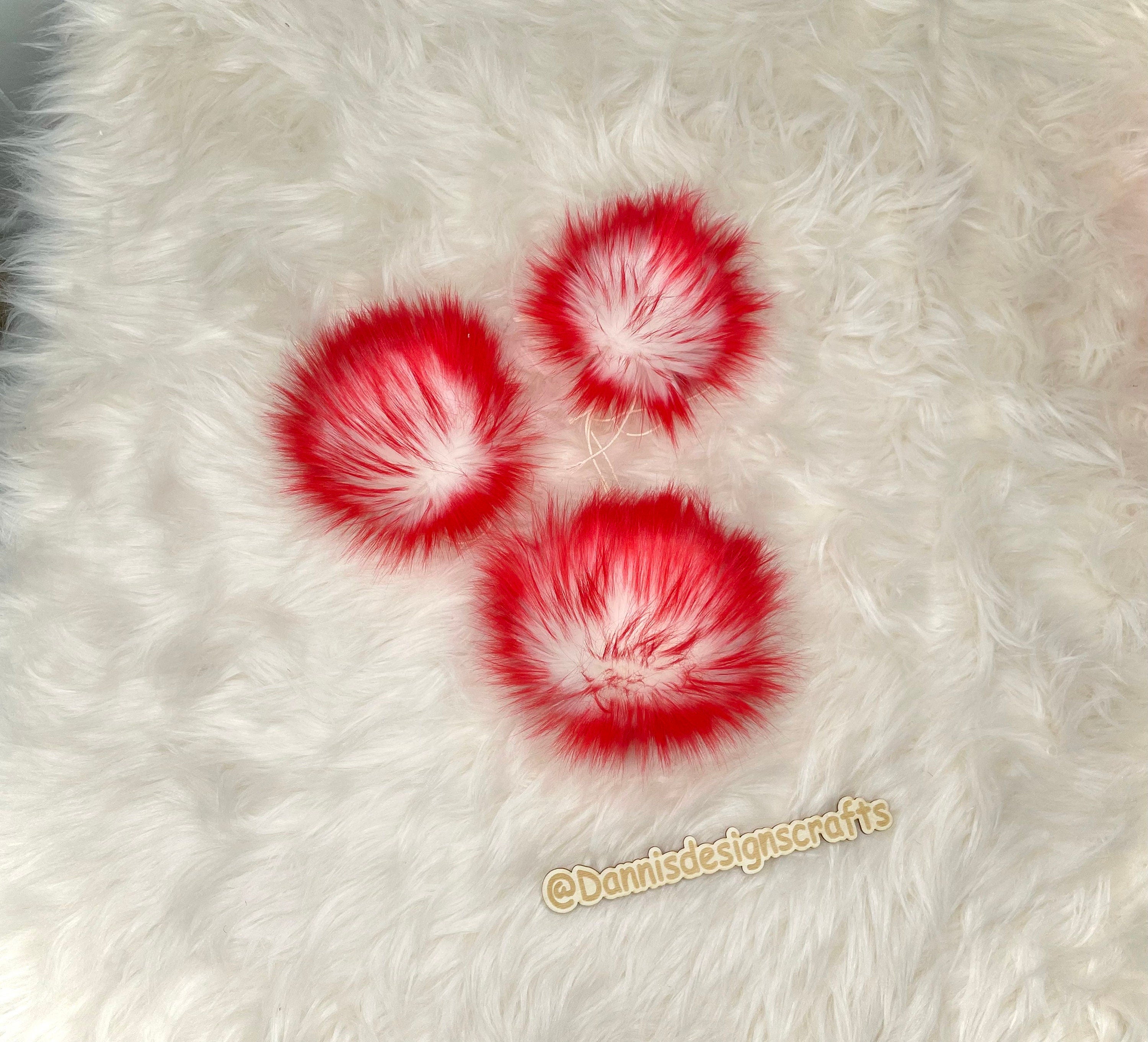 White with red tips faux fur Pom Pom