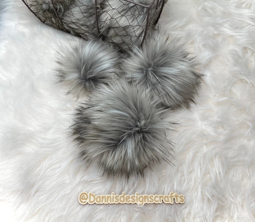 Grey wolf faux fur pom pom