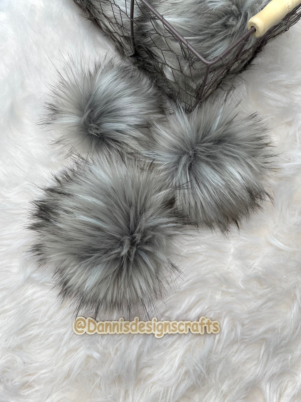 Grey wolf faux fur pom pom