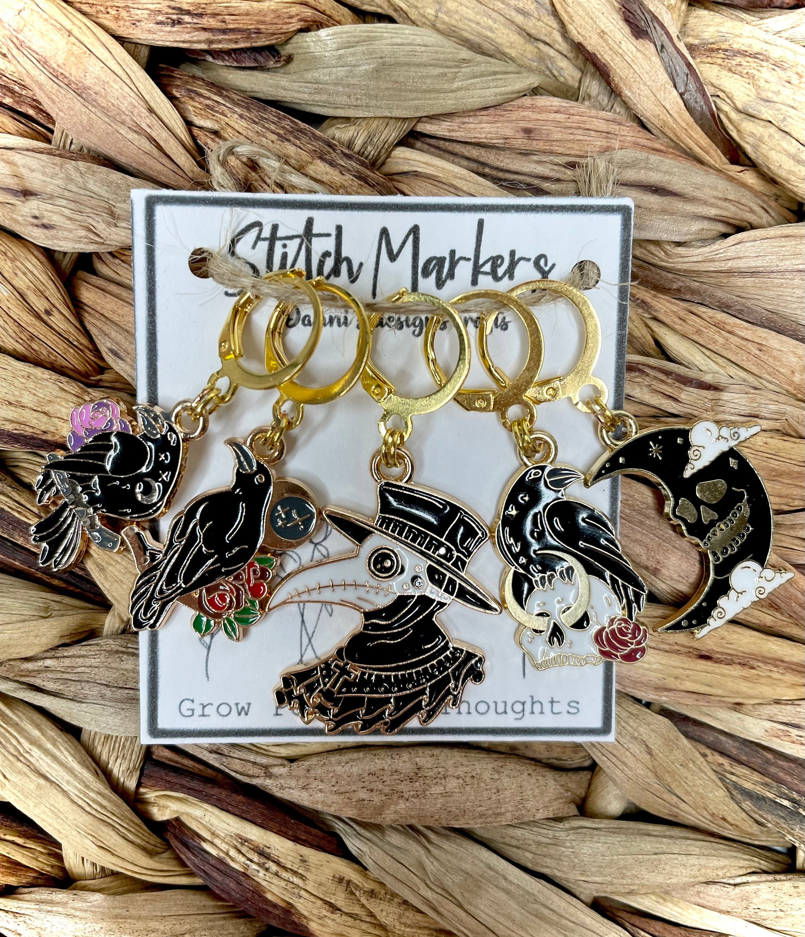 Stitch markers, crochet, knit, gold plated, with round clasp, 5 pack, skull, cute, knitting, open and closet, gothic, emo, goth, dark, black