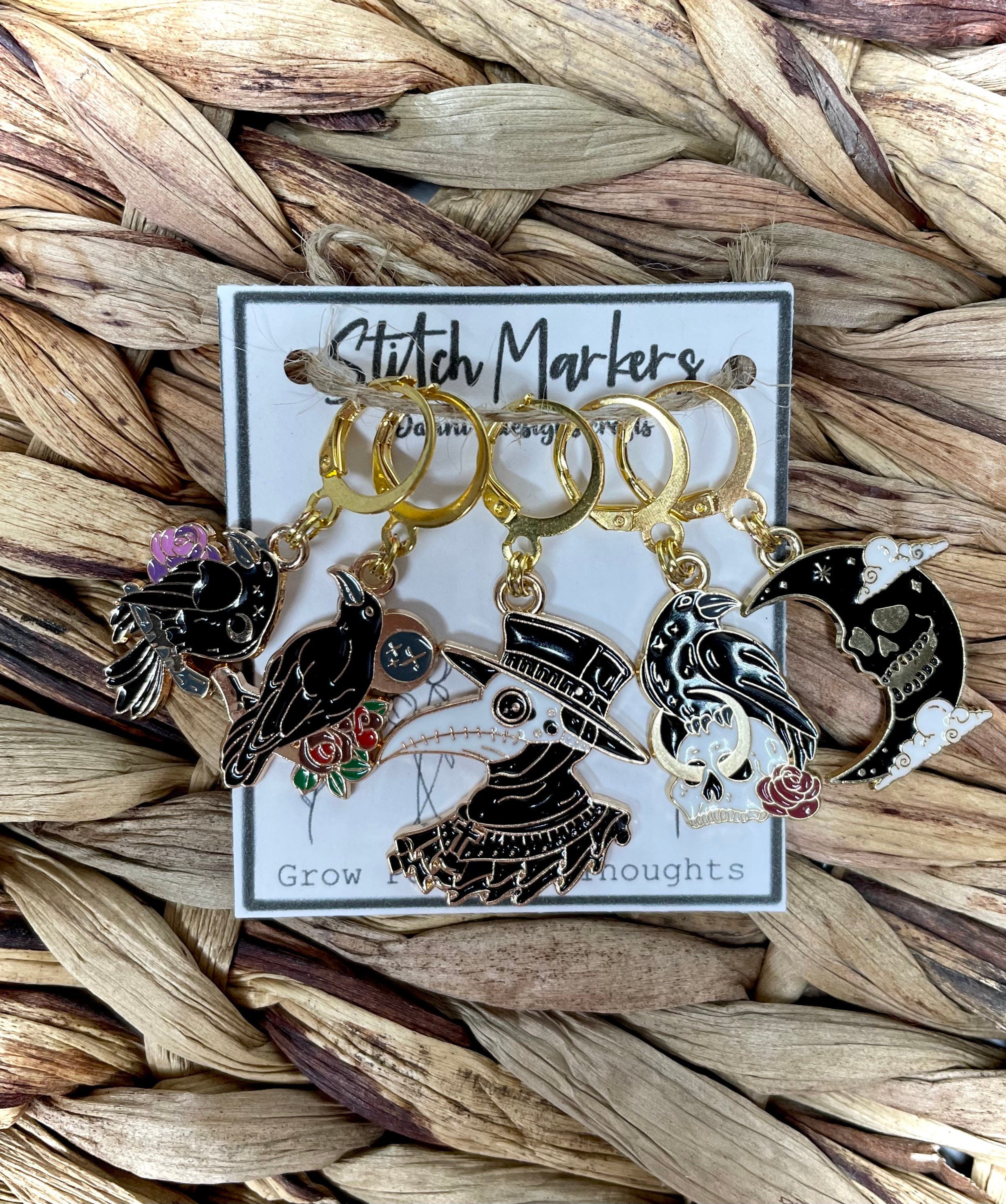 Stitch markers, crochet, knit, gold plated, with round clasp, 5 pack, skull, cute, knitting, open and closet, gothic, emo, goth, dark, black
