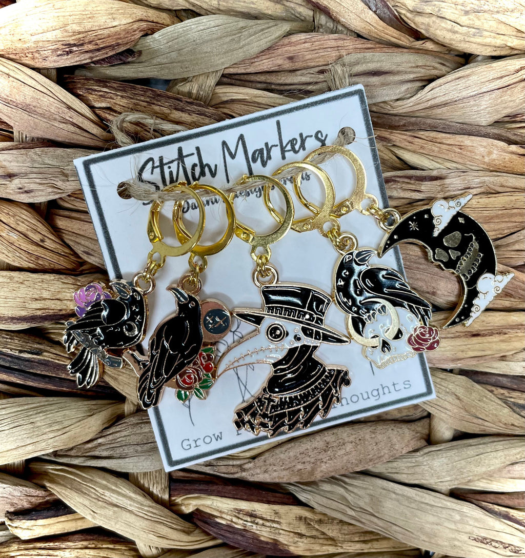Stitch markers, crochet, knit, gold plated, with round clasp, 5 pack, skull, cute, knitting, open and closet, gothic, emo, goth, dark, black