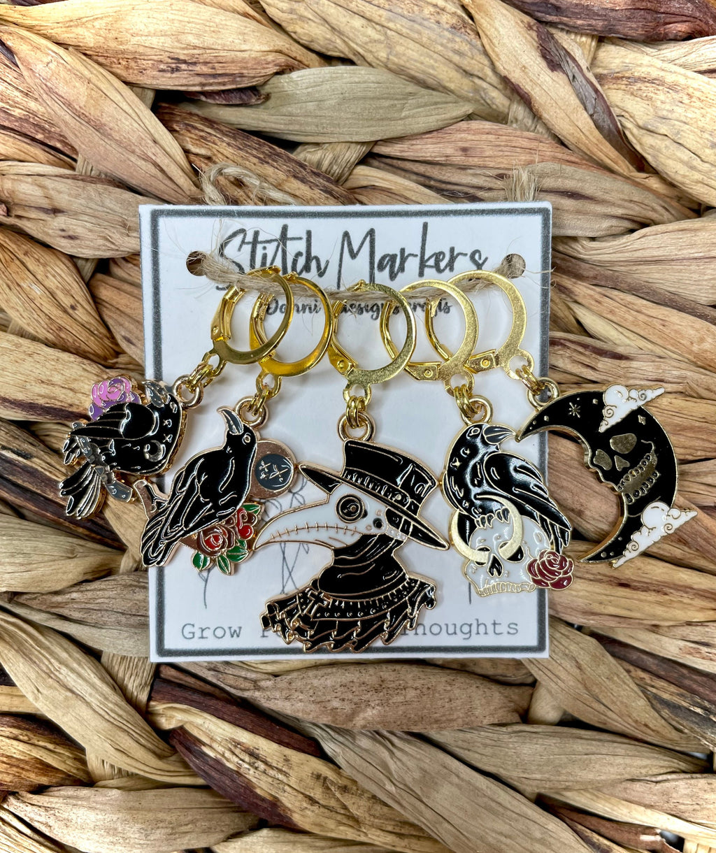 Stitch markers, crochet, knit, gold plated, with round clasp, 5 pack, skull, cute, knitting, open and closet, gothic, emo, goth, dark, black