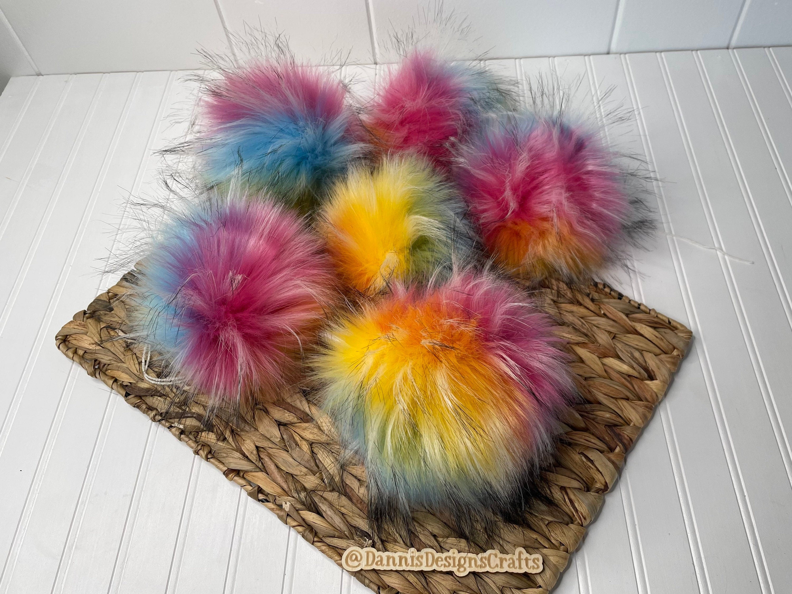 Luxe rainbow and black tip faux fur Pom Poms
