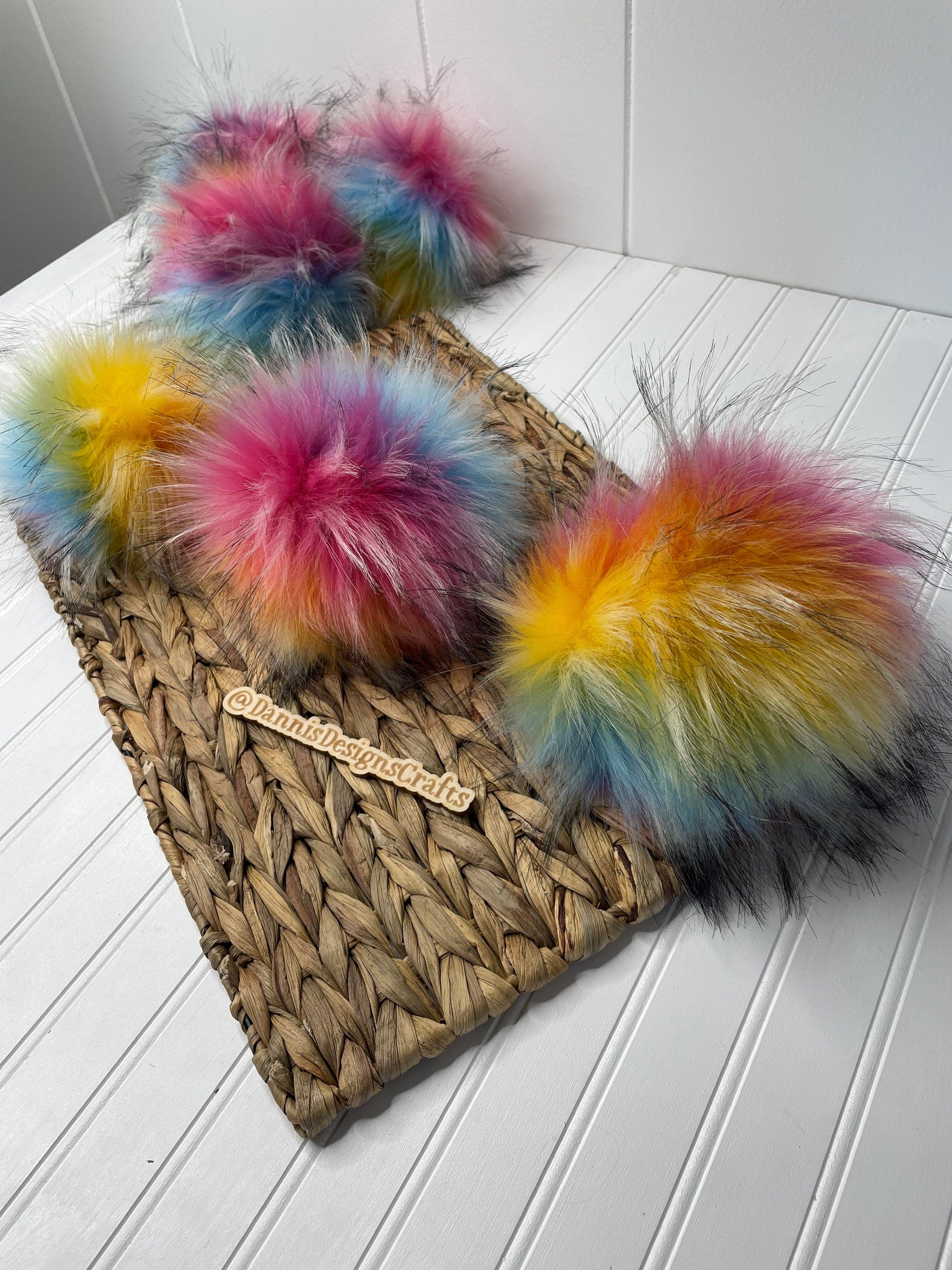 Luxe rainbow and black tip faux fur Pom Poms