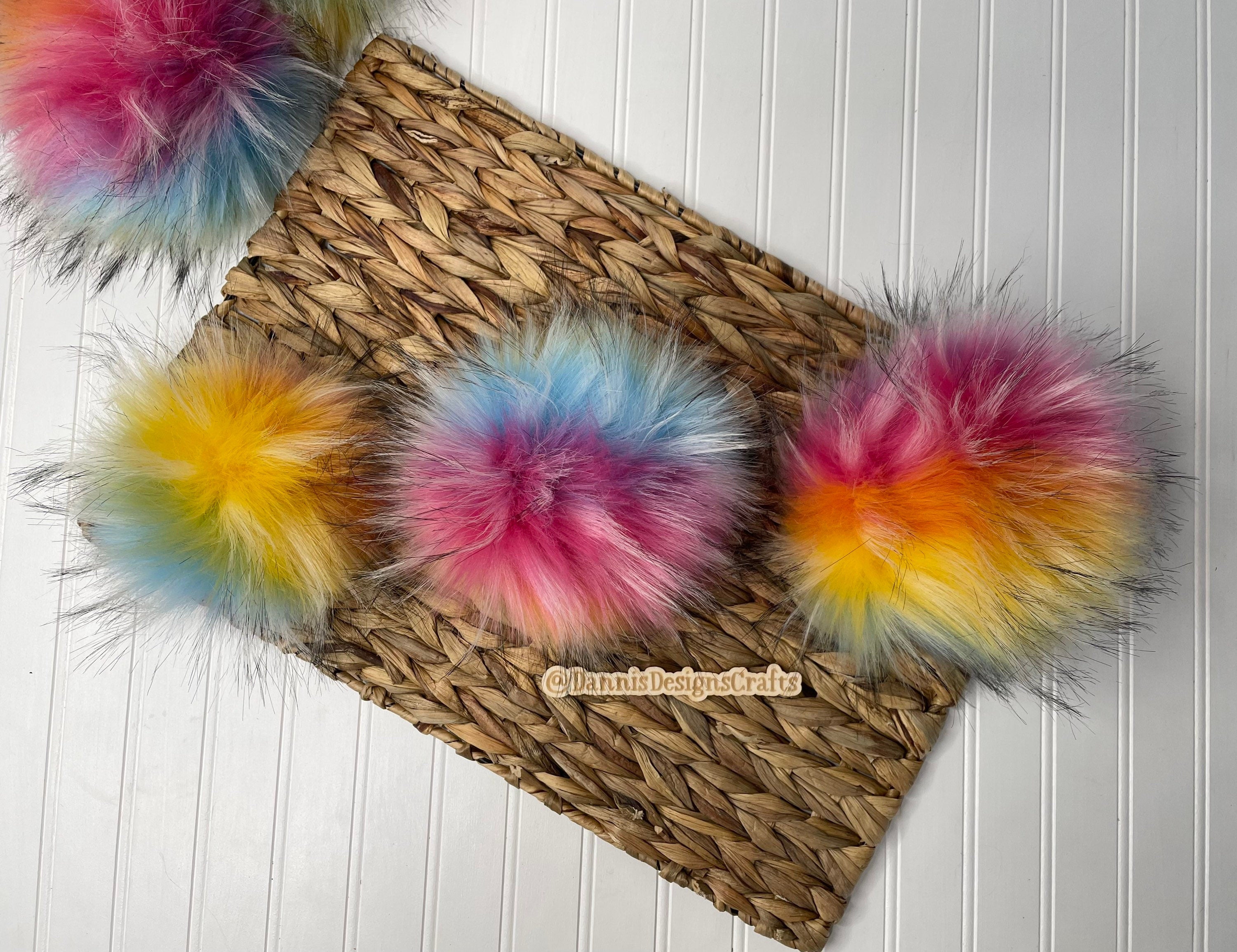 Luxe rainbow and black tip faux fur Pom Poms