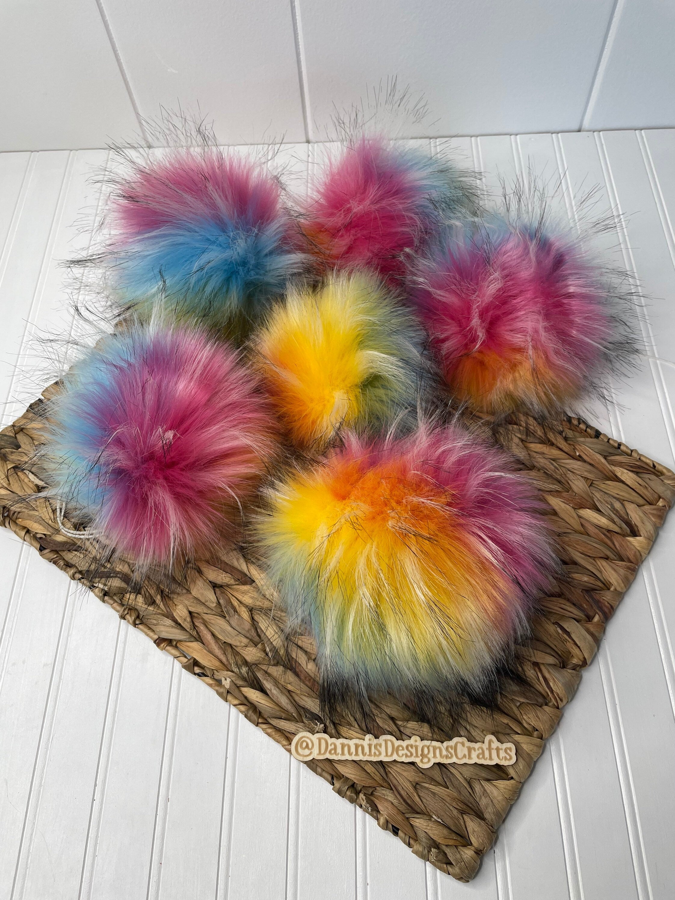 Luxe rainbow and black tip faux fur Pom Poms