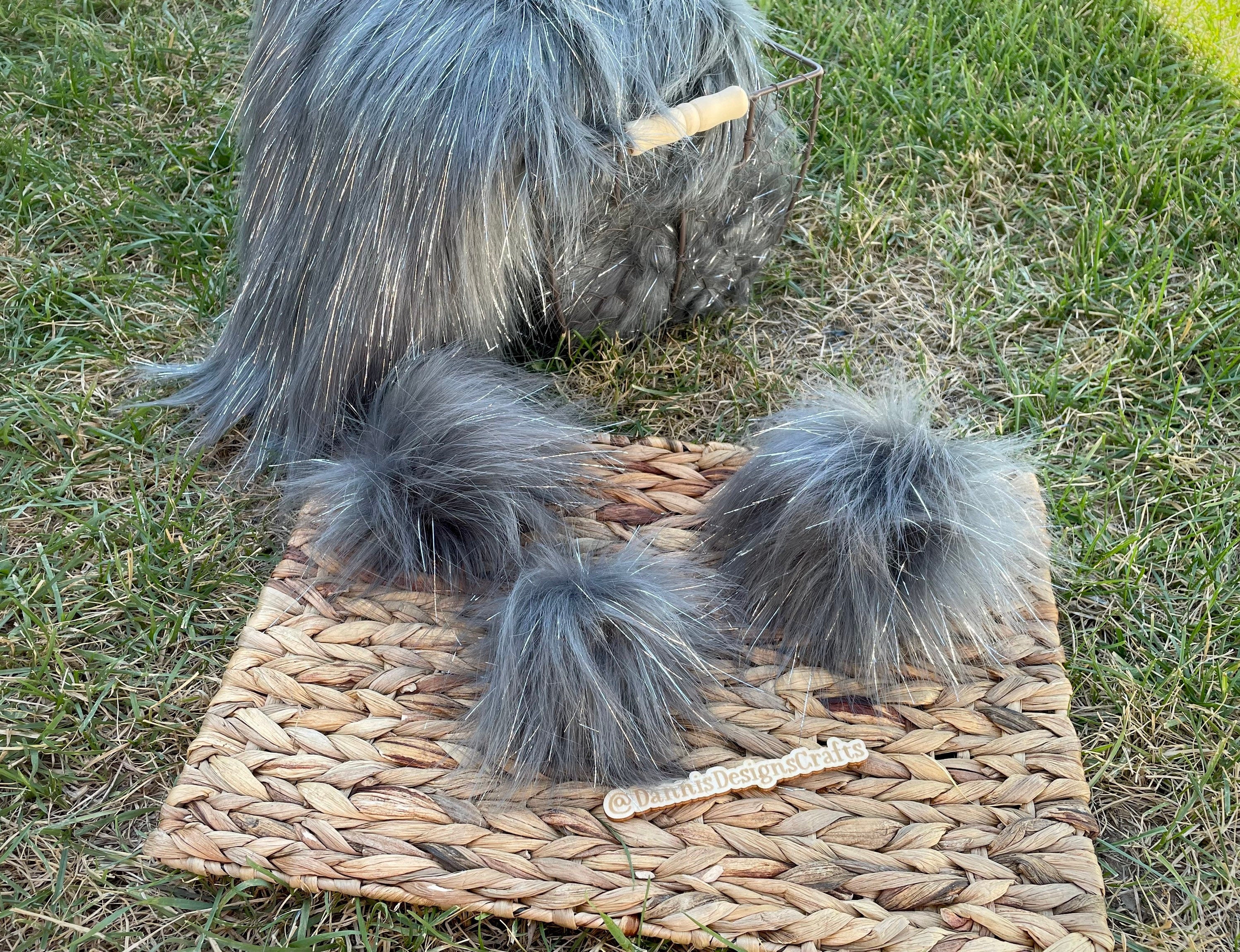 Grey tinsel faux fur pom pom