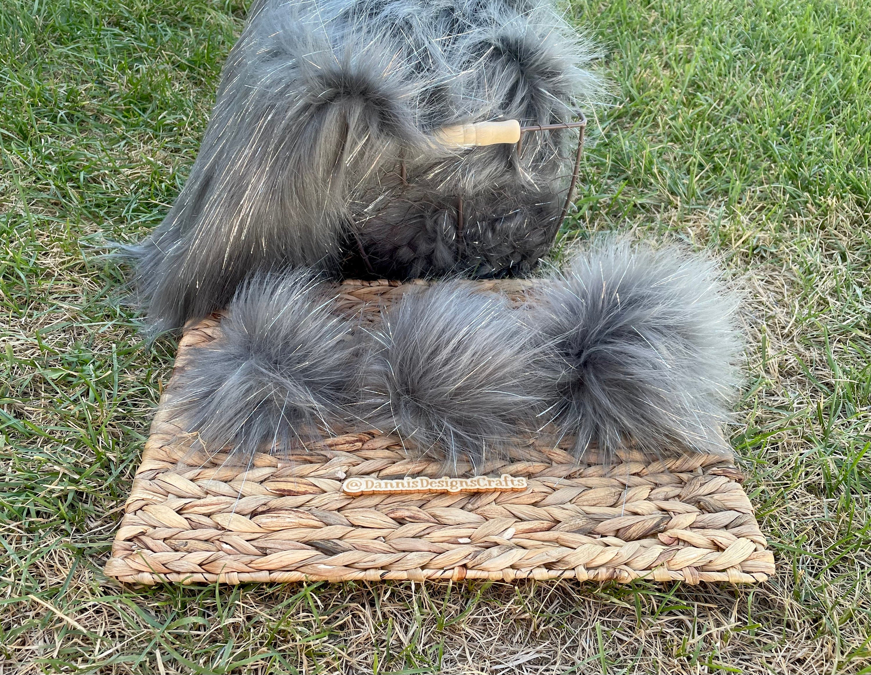 Grey tinsel faux fur pom pom