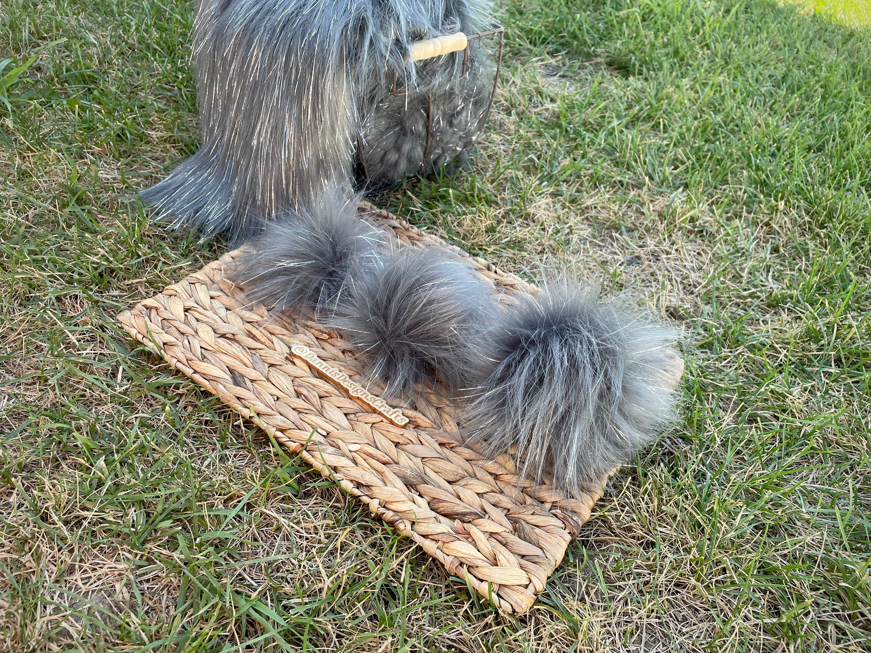 Grey tinsel faux fur pom pom