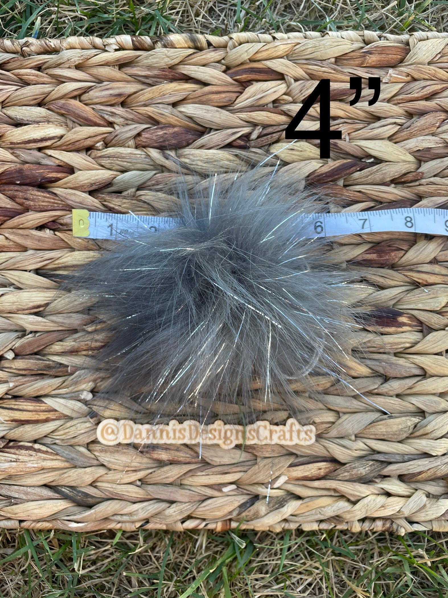Grey tinsel faux fur pom pom