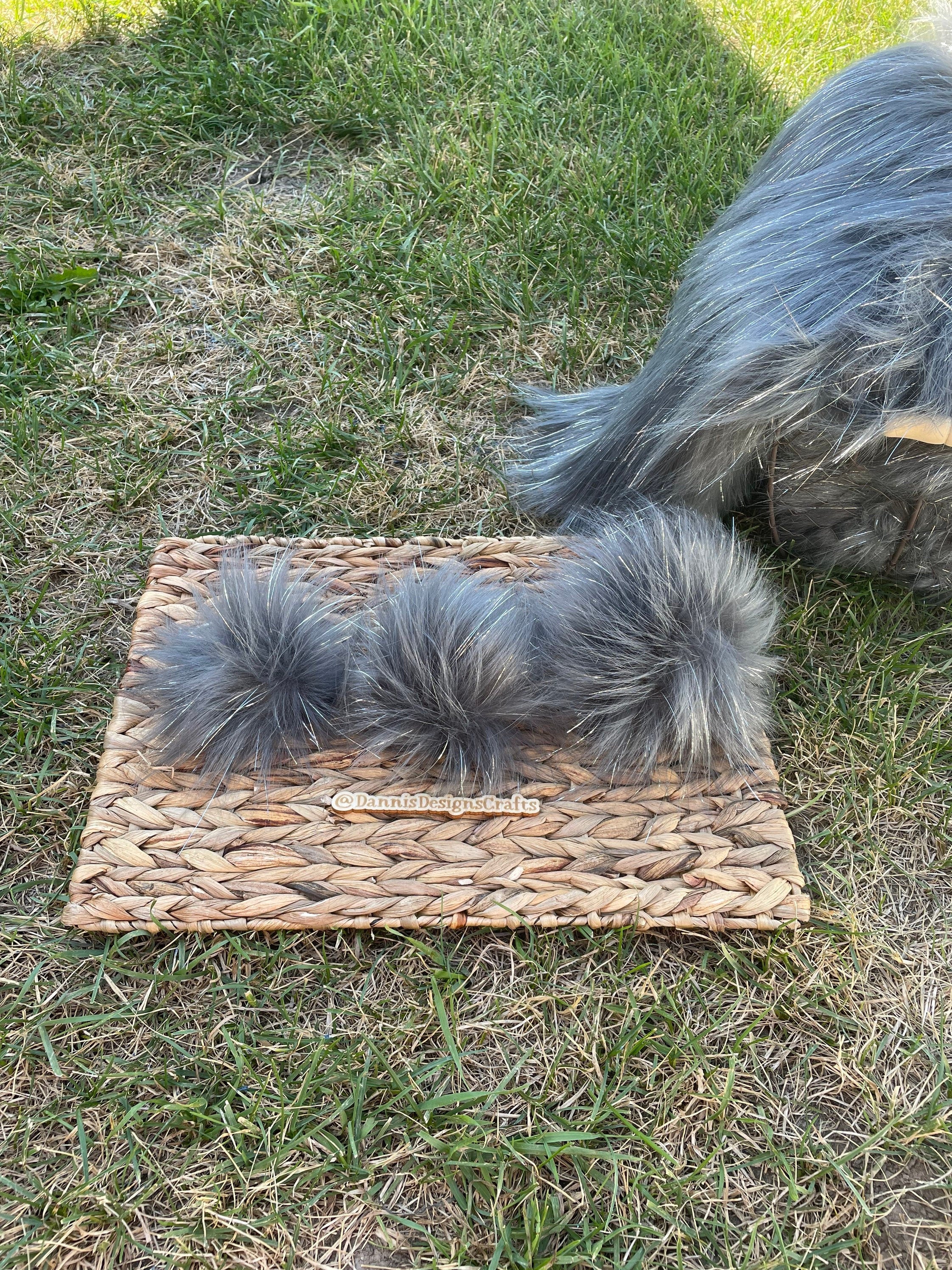 Grey tinsel faux fur pom pom