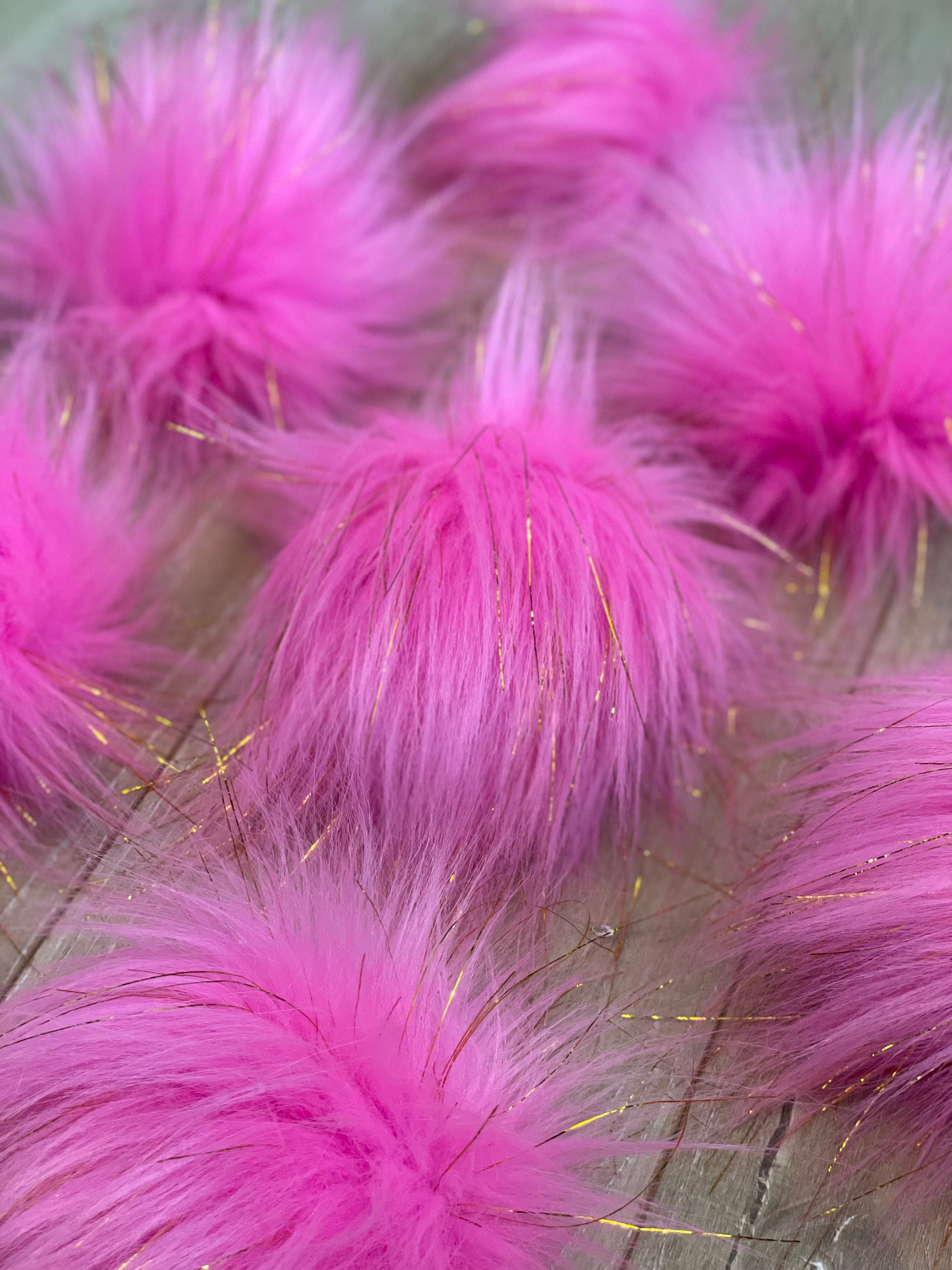 Bright pink with gold tinsel faux fur Pom Pom