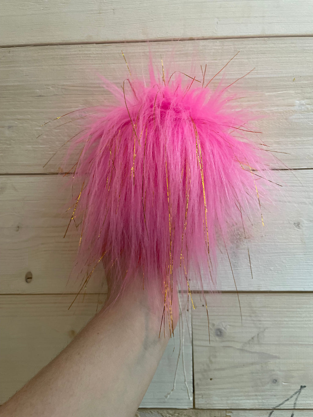 Bright pink with gold tinsel faux fur Pom Pom