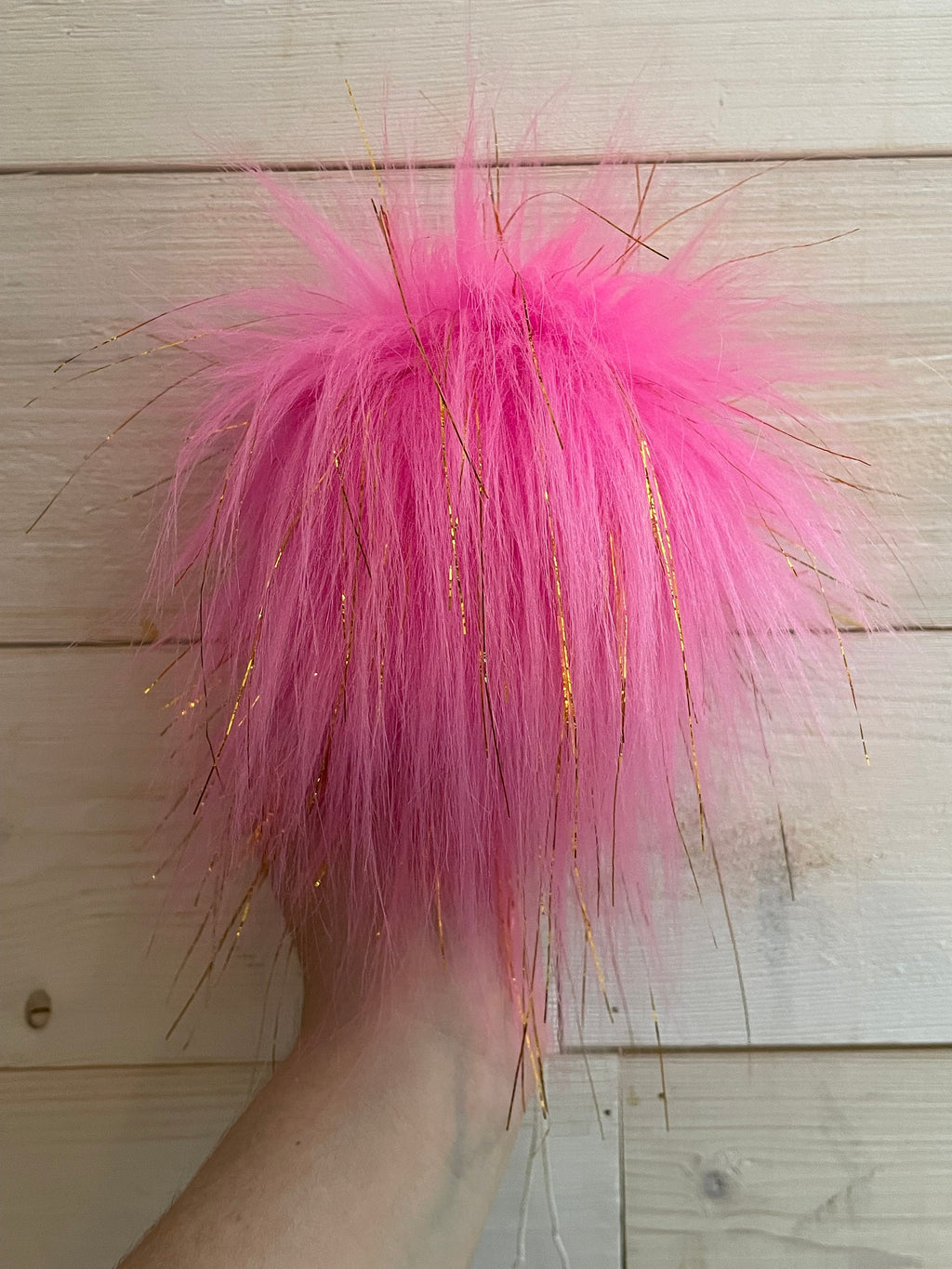 Bright pink with gold tinsel faux fur Pom Pom