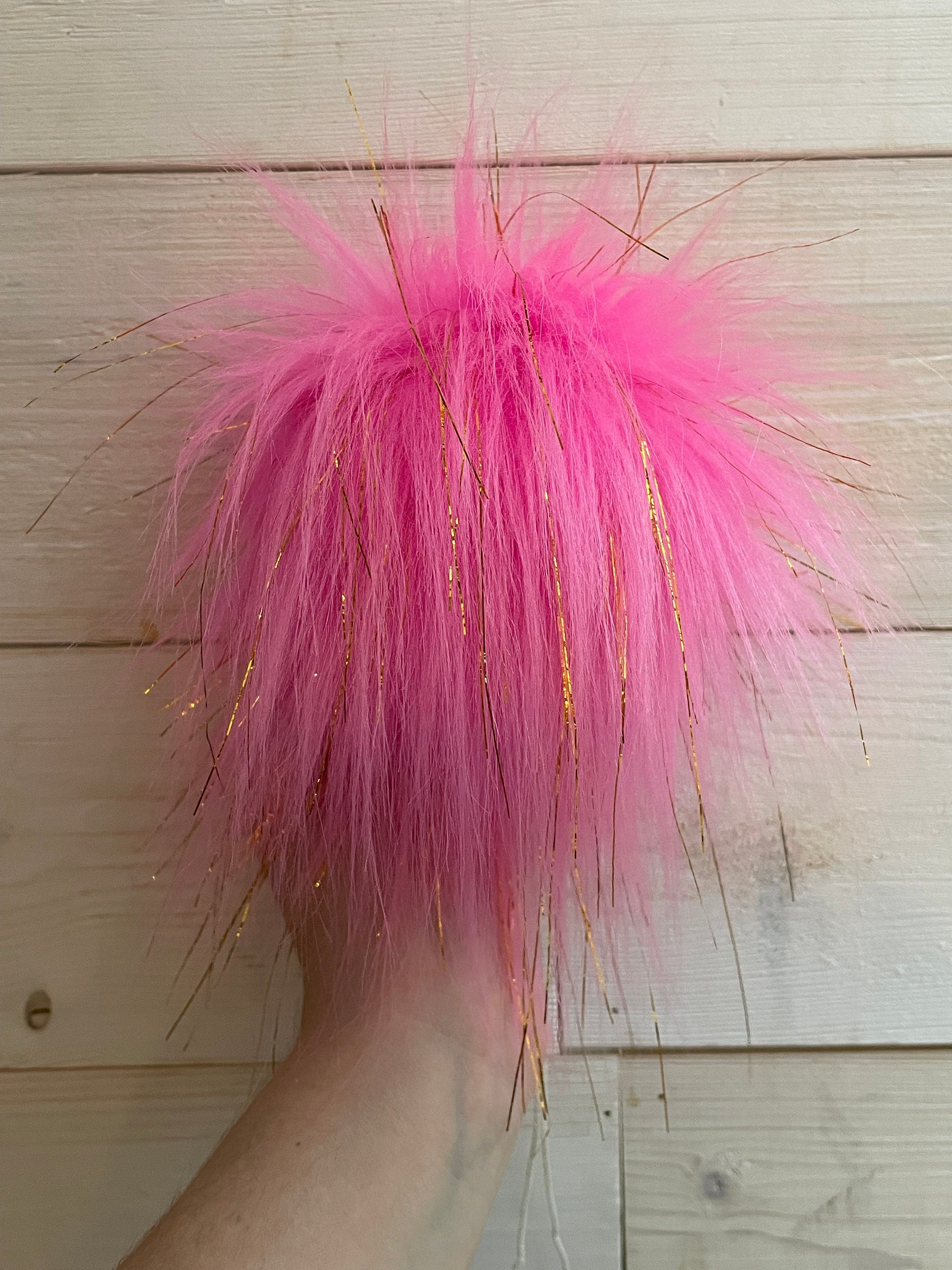 Bright pink with gold tinsel faux fur Pom Pom
