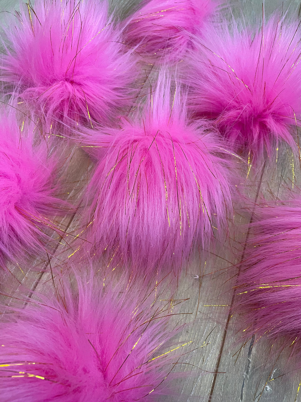 Bright pink with gold tinsel faux fur Pom Pom