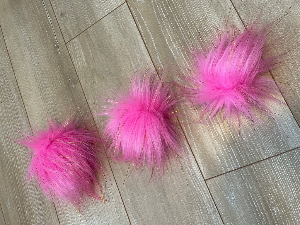 Bright pink with gold tinsel faux fur Pom Pom