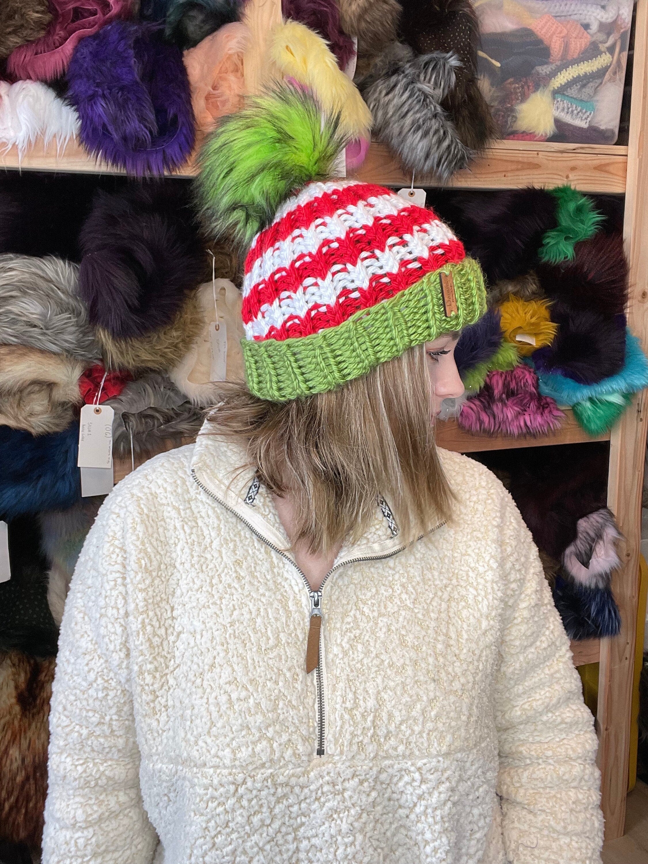 Red green and white Knit beanie
