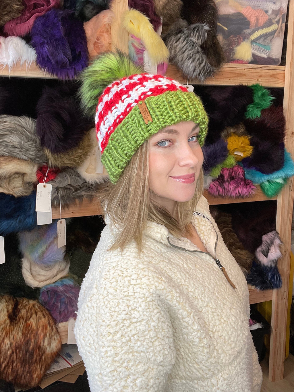 Red green and white Knit beanie