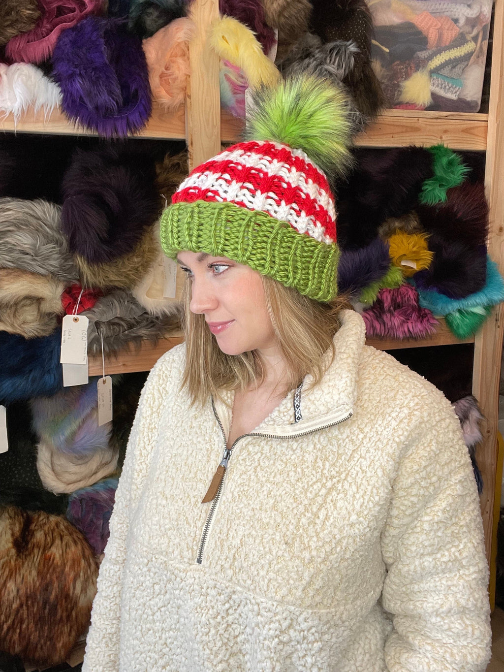 Red green and white Knit beanie