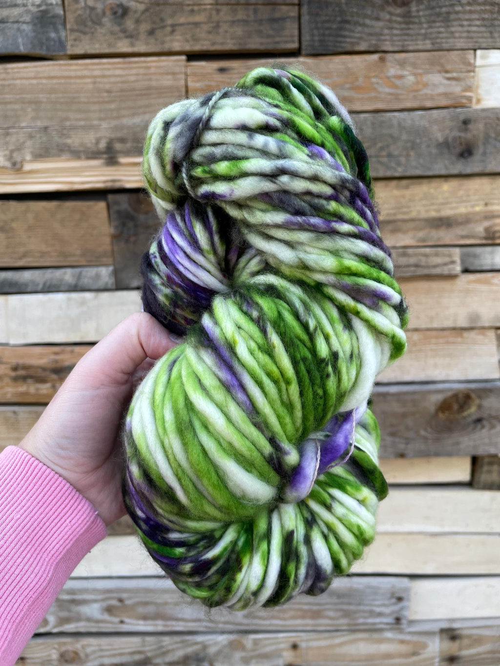 Beetle hand dyed super bulky merino wool, 98 yard, 6 weight purple green black speckled, semi solid, multicolor, indie dye, superwash