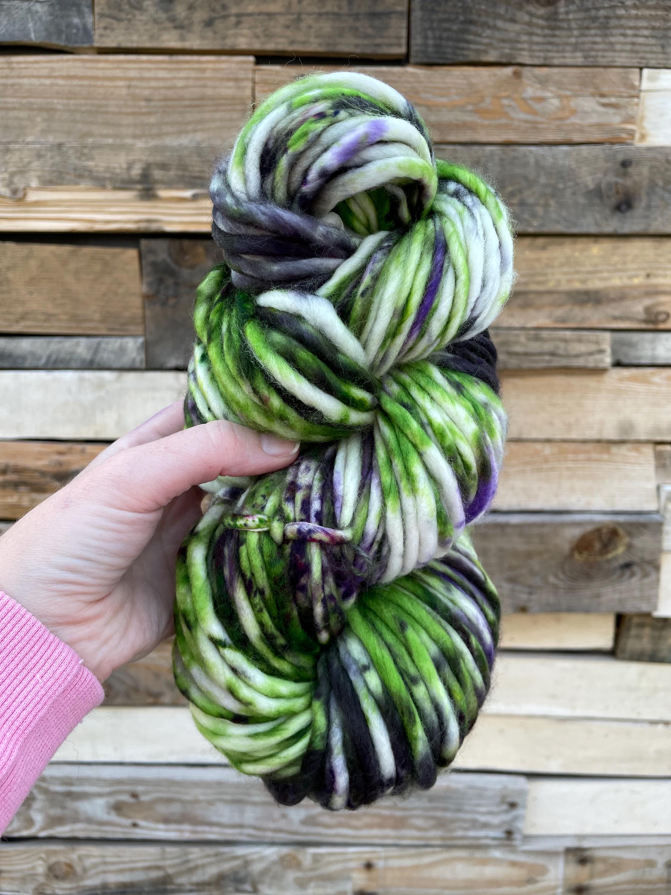 Beetle hand dyed super bulky merino wool, 98 yard, 6 weight purple green black speckled, semi solid, multicolor, indie dye, superwash
