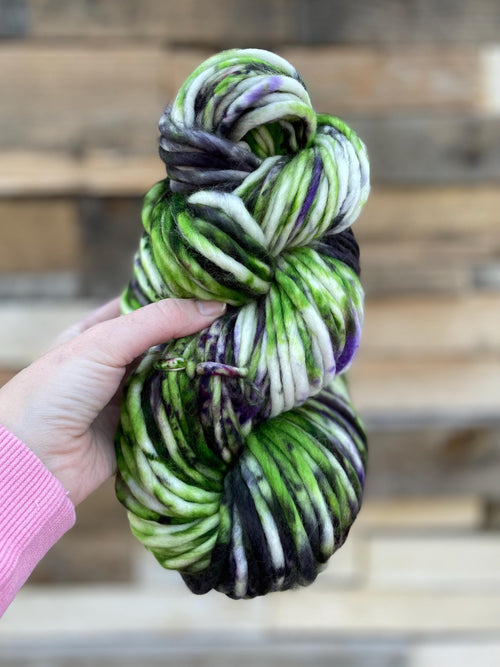 Beetle hand dyed super bulky merino wool, 98 yard, 6 weight purple green black speckled, semi solid, multicolor, indie dye, superwash