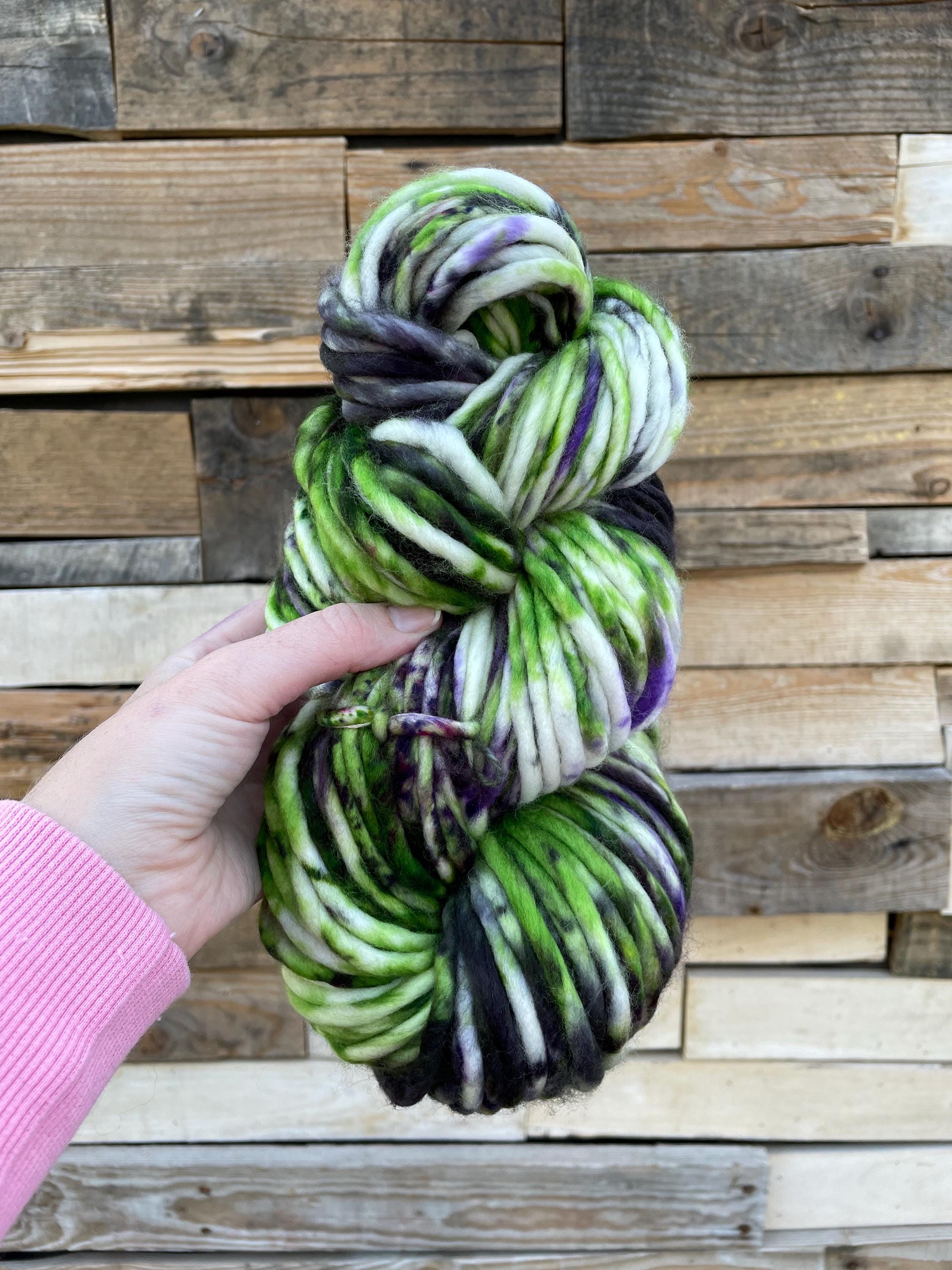 Beetle hand dyed super bulky merino wool, 98 yard, 6 weight purple green black speckled, semi solid, multicolor, indie dye, superwash