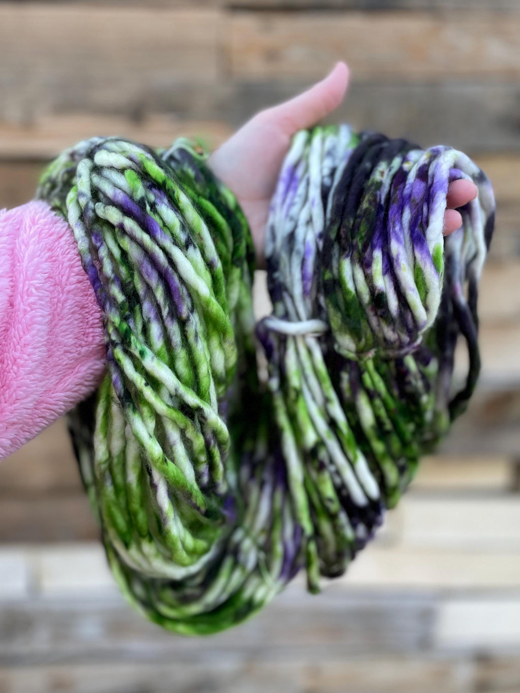 Beetle hand dyed super bulky merino wool, 98 yard, 6 weight purple green black speckled, semi solid, multicolor, indie dye, superwash