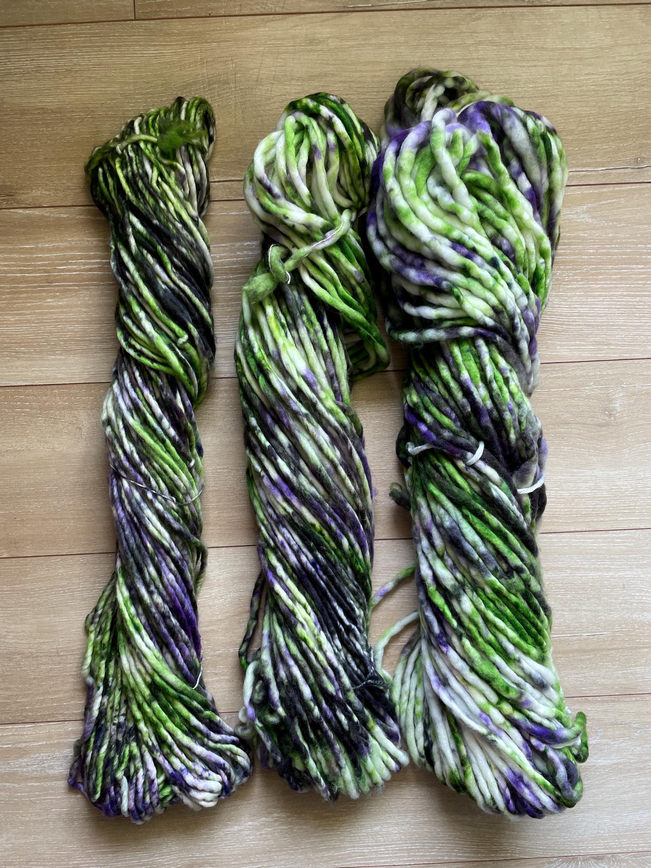 Beetle hand dyed super bulky merino wool, 98 yard, 6 weight purple green black speckled, semi solid, multicolor, indie dye, superwash
