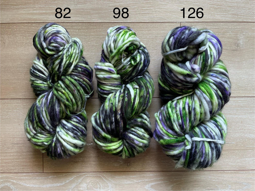 Beetle hand dyed super bulky merino wool, 98 yard, 6 weight purple green black speckled, semi solid, multicolor, indie dye, superwash