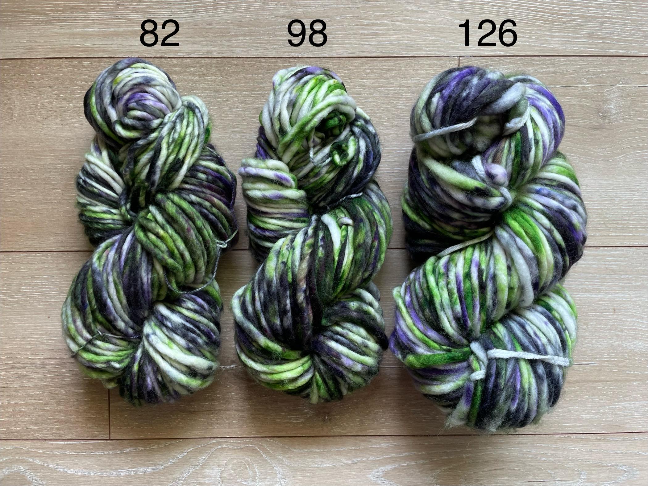 Beetle hand dyed super bulky merino wool, 98 yard, 6 weight purple green black speckled, semi solid, multicolor, indie dye, superwash