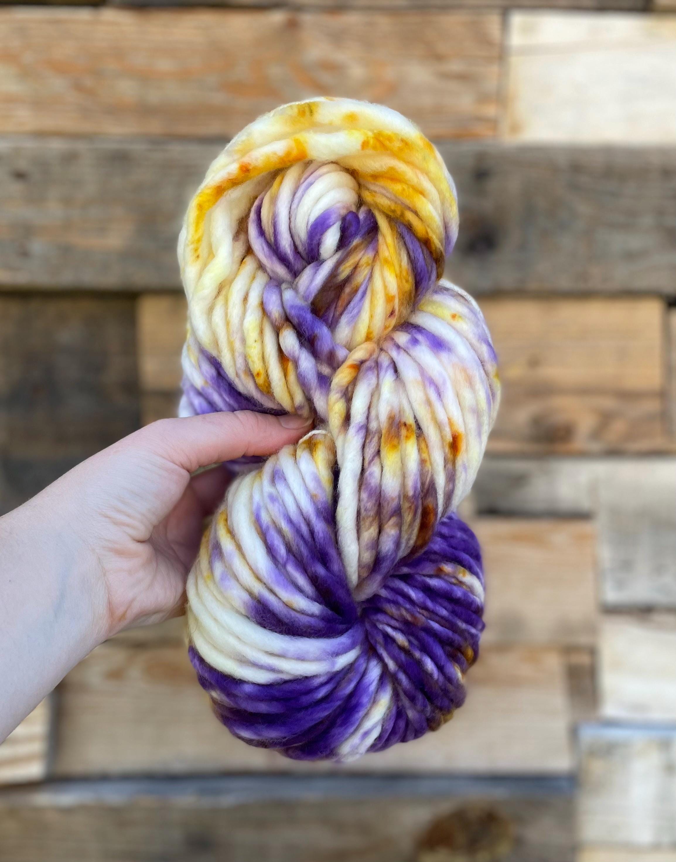 Royalty hand dyed super bulky merino wool, 98 126 yard, 6 weight, speckled, semi solid, multicolor, indie dye, superwash purple gold