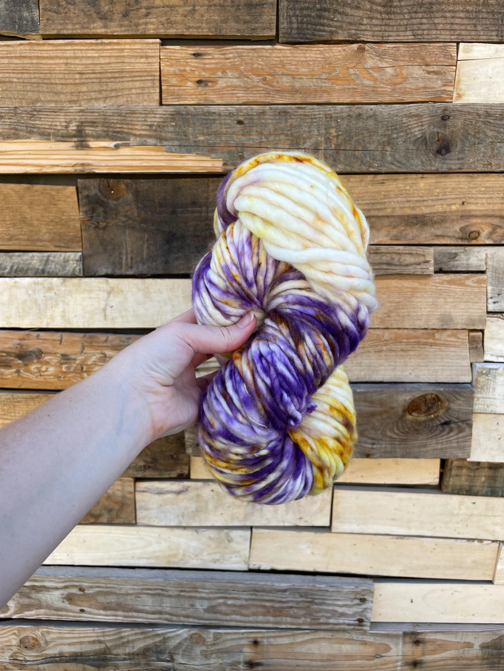 Royalty hand dyed super bulky merino wool, 98 126 yard, 6 weight, speckled, semi solid, multicolor, indie dye, superwash purple gold