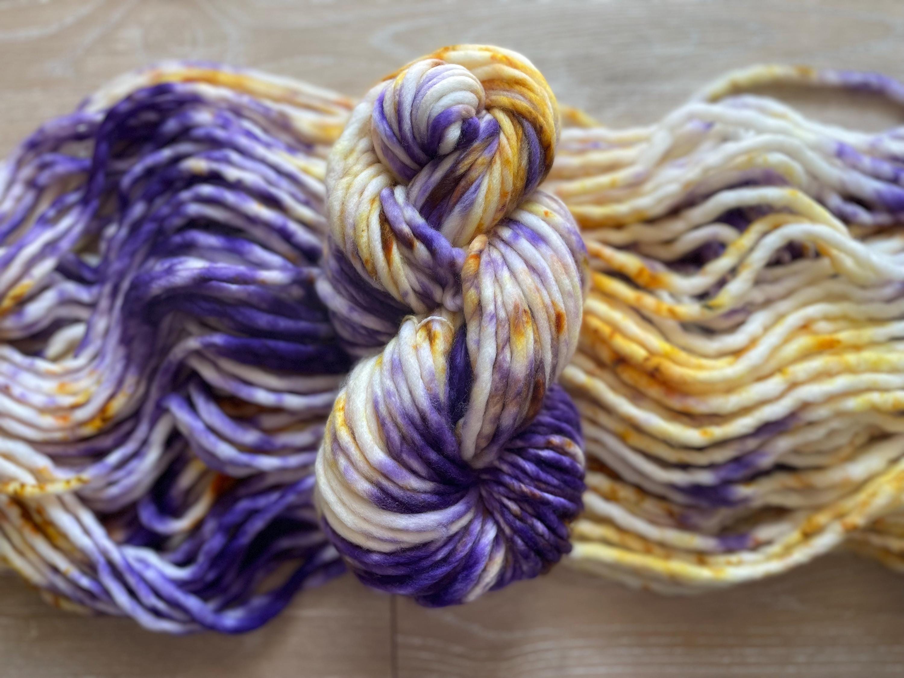 Royalty hand dyed super bulky merino wool, 98 126 yard, 6 weight, speckled, semi solid, multicolor, indie dye, superwash purple gold
