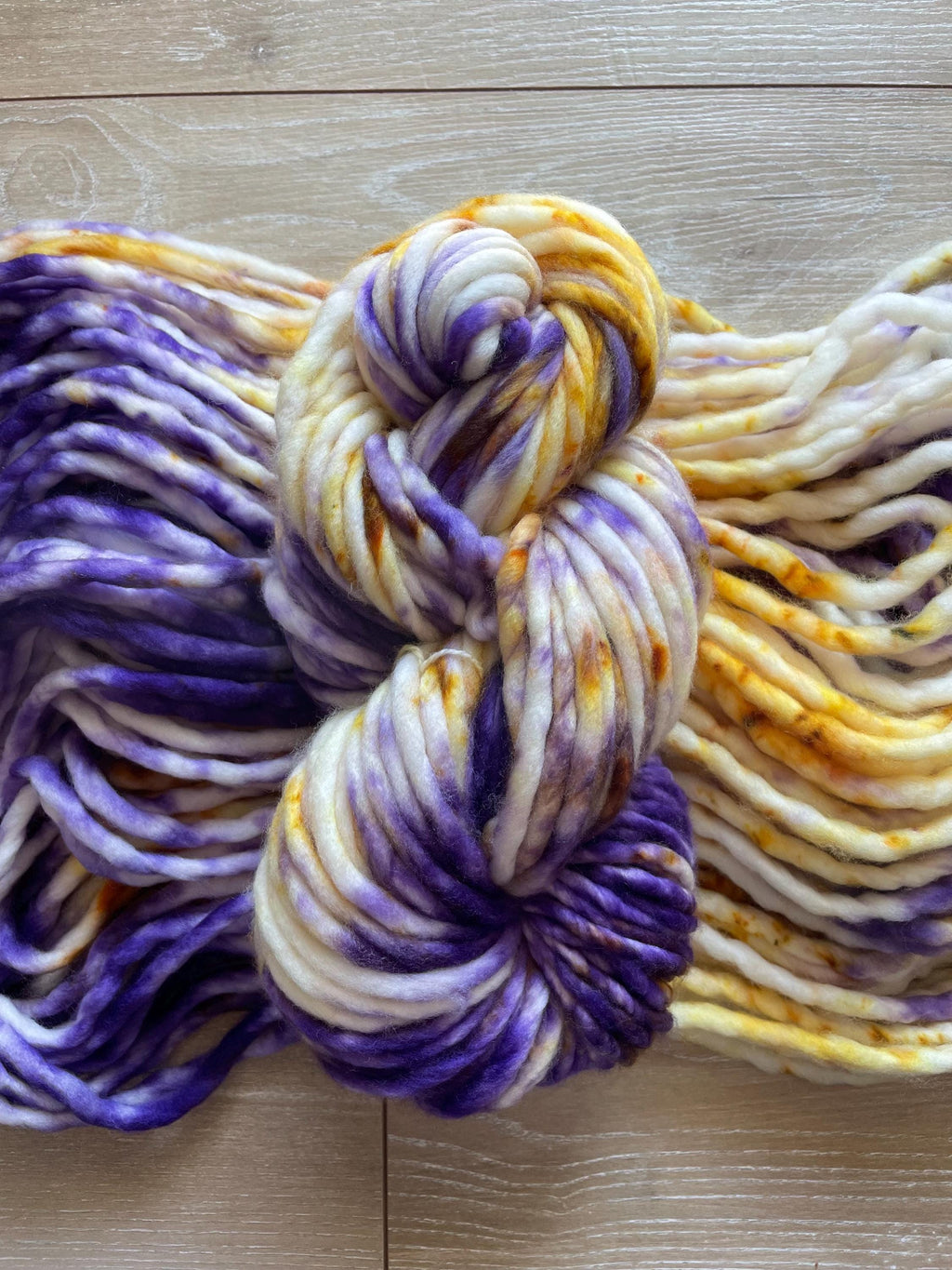 Royalty hand dyed super bulky merino wool, 98 126 yard, 6 weight, speckled, semi solid, multicolor, indie dye, superwash purple gold