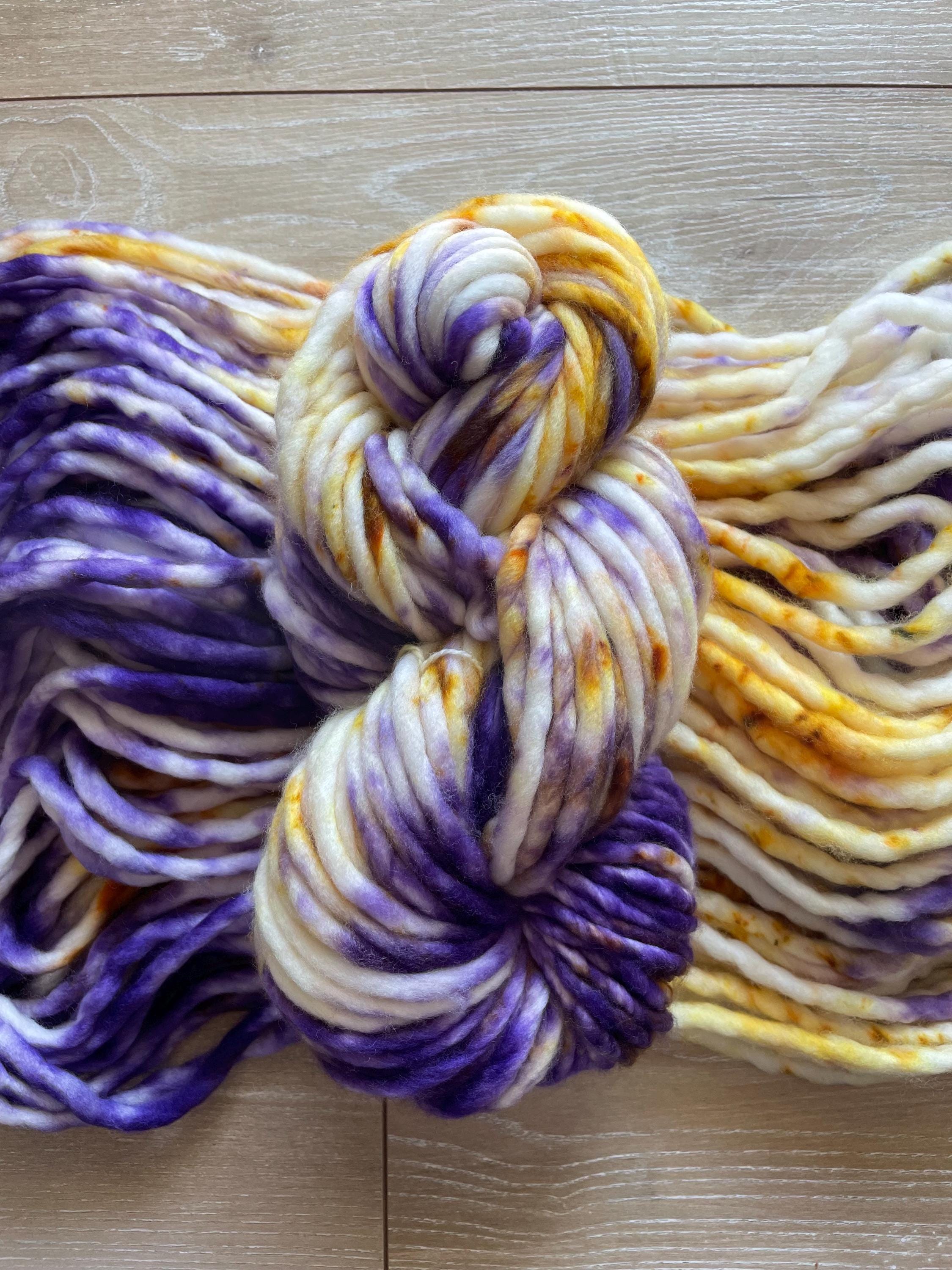 Royalty hand dyed super bulky merino wool, 98 126 yard, 6 weight, speckled, semi solid, multicolor, indie dye, superwash purple gold