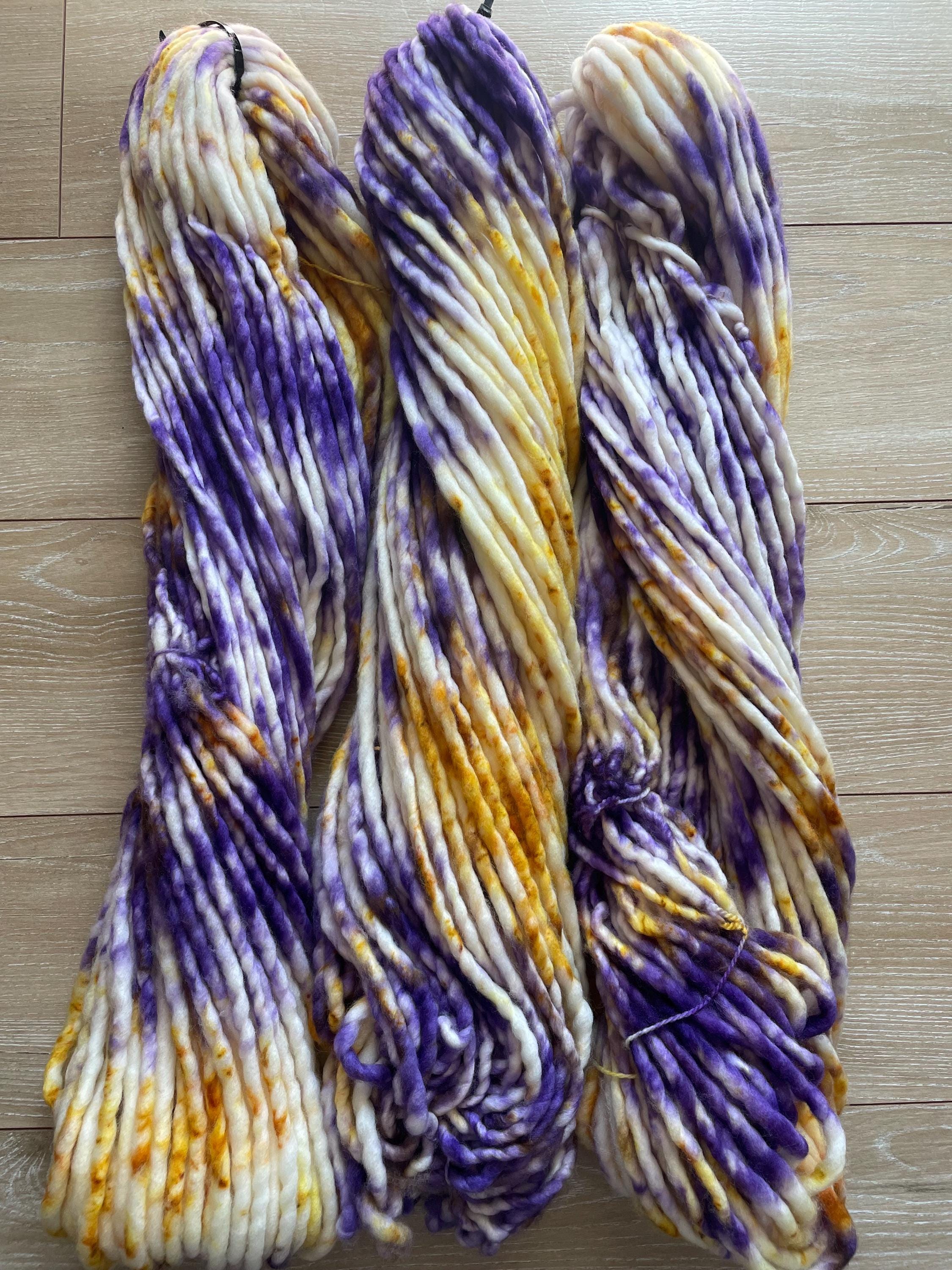 Royalty hand dyed super bulky merino wool, 98 126 yard, 6 weight, speckled, semi solid, multicolor, indie dye, superwash purple gold