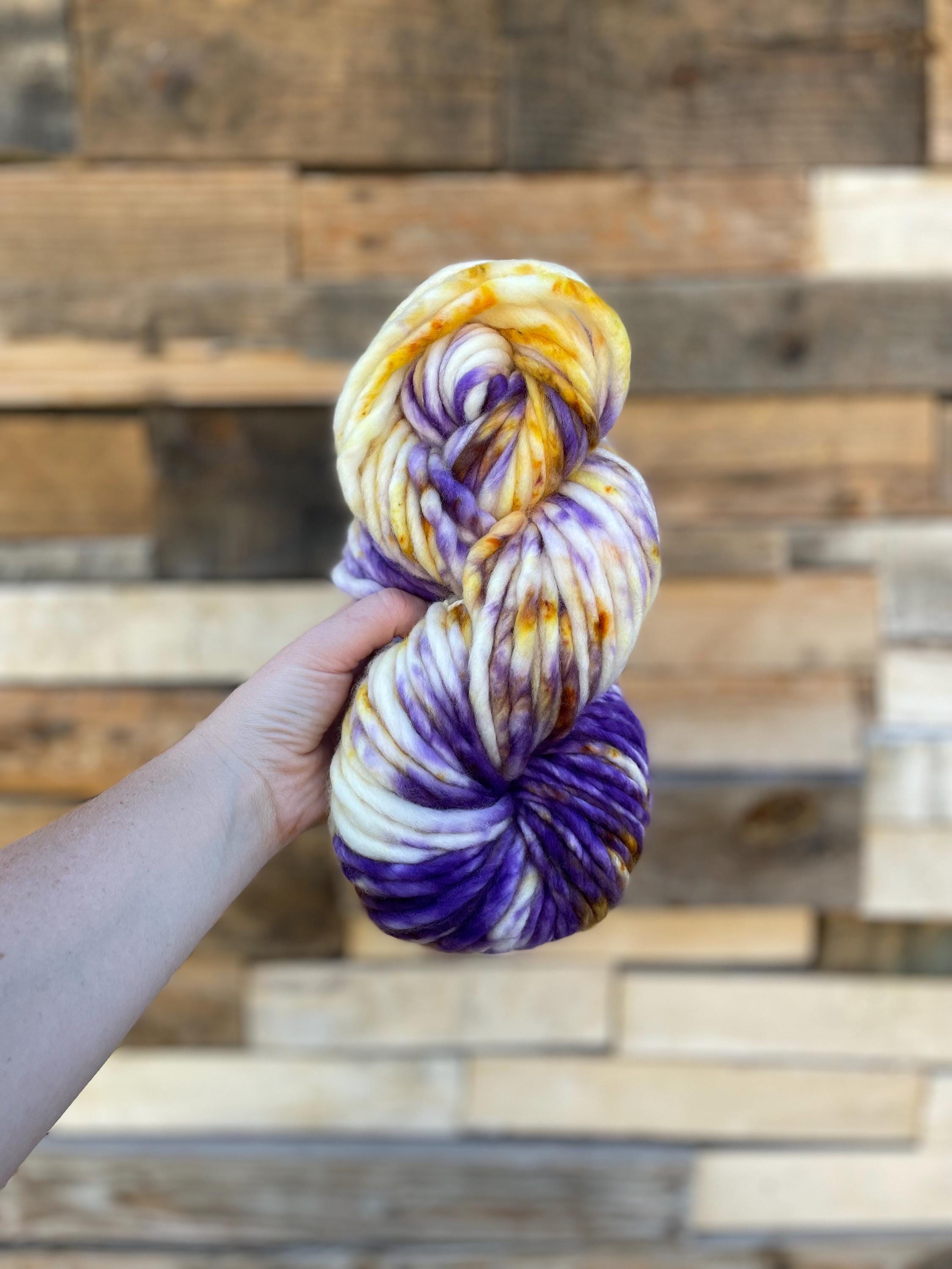 Royalty hand dyed super bulky merino wool, 98 126 yard, 6 weight, speckled, semi solid, multicolor, indie dye, superwash purple gold