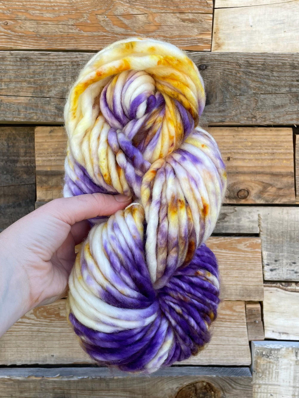 Royalty hand dyed super bulky merino wool, 98 126 yard, 6 weight, speckled, semi solid, multicolor, indie dye, superwash purple gold