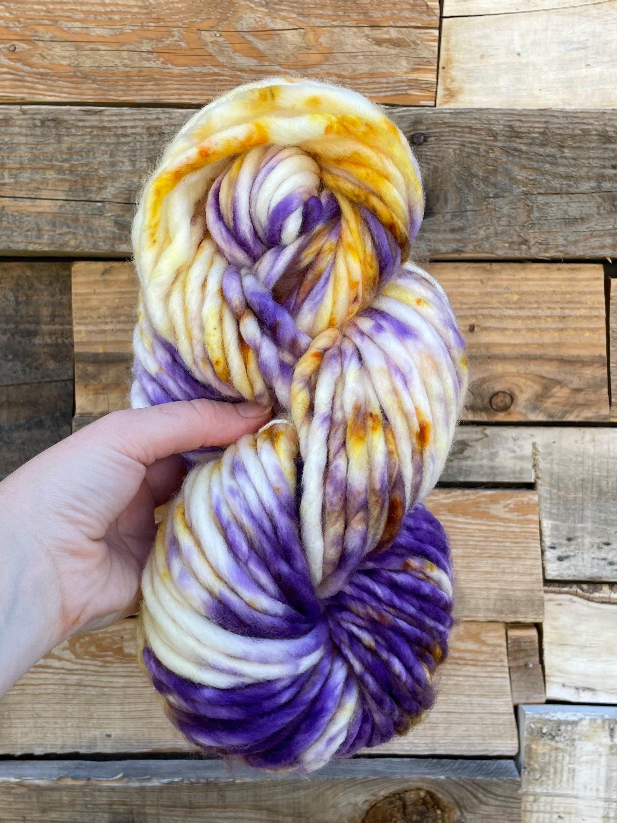 Royalty hand dyed super bulky merino wool, 98 126 yard, 6 weight, speckled, semi solid, multicolor, indie dye, superwash purple gold