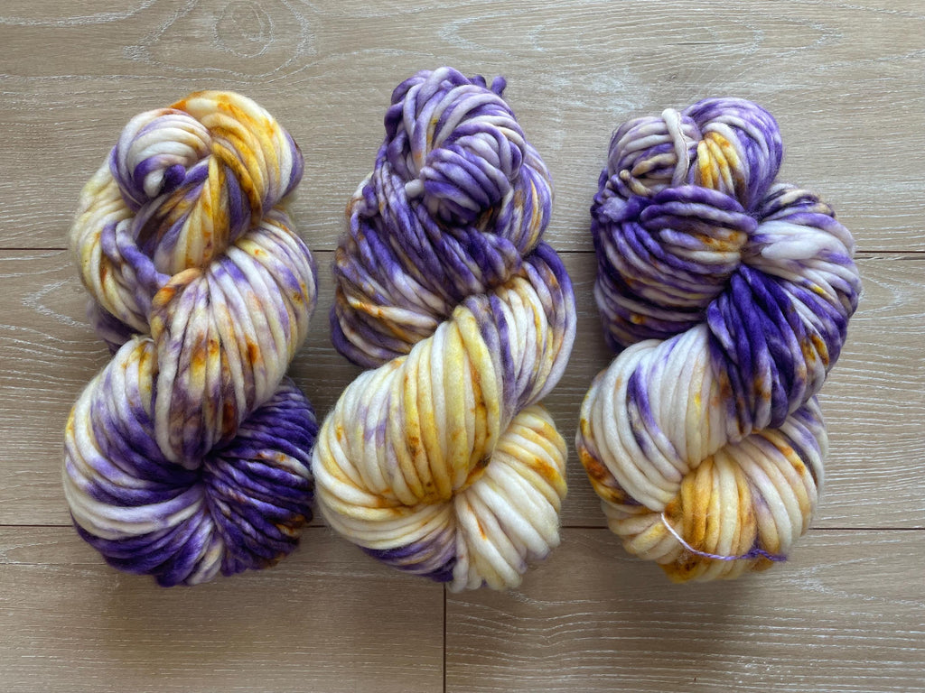 Royalty hand dyed super bulky merino wool, 98 126 yard, 6 weight, speckled, semi solid, multicolor, indie dye, superwash purple gold