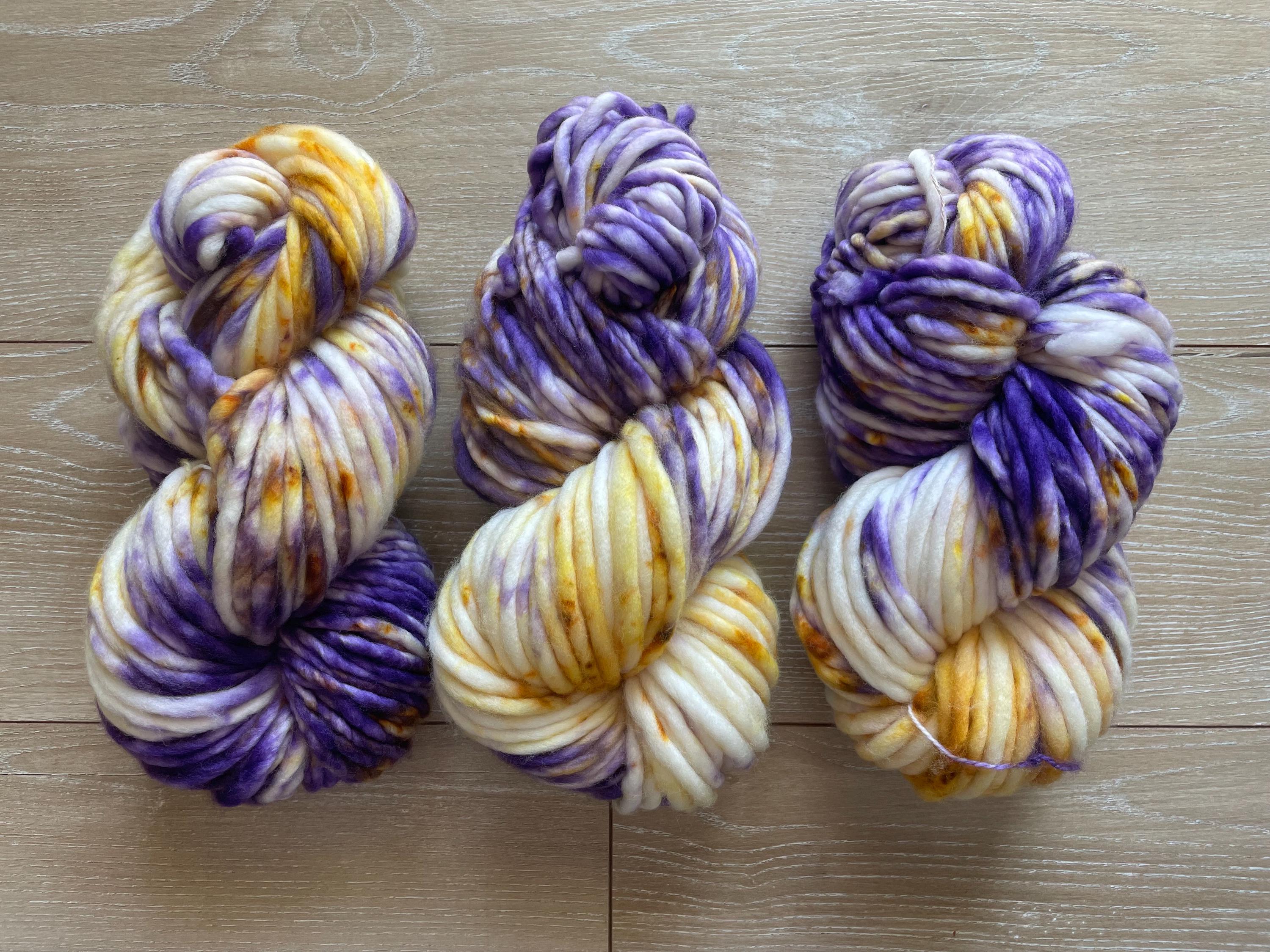 Royalty hand dyed super bulky merino wool, 98 126 yard, 6 weight, speckled, semi solid, multicolor, indie dye, superwash purple gold