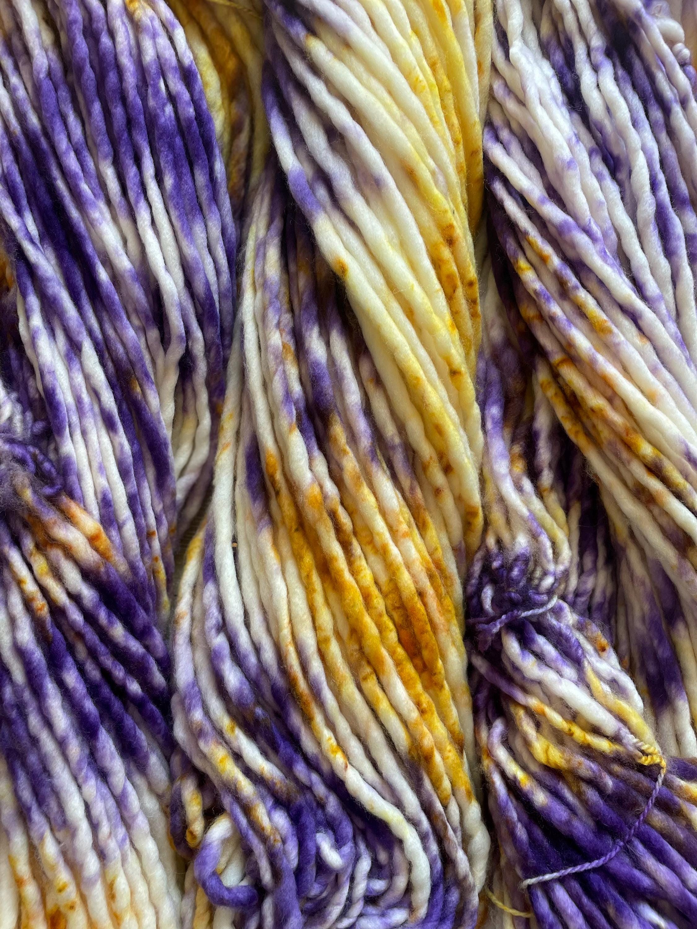 Royalty hand dyed super bulky merino wool, 98 126 yard, 6 weight, speckled, semi solid, multicolor, indie dye, superwash purple gold