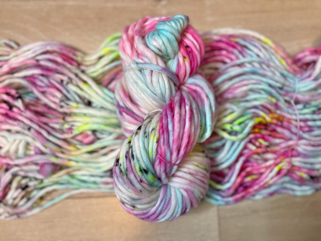 Garden Hand dyed super bulky merino wool, size 6, 98 yards, natural, pink blue yellow black, speckled, solid, multicolor indie dye superwash