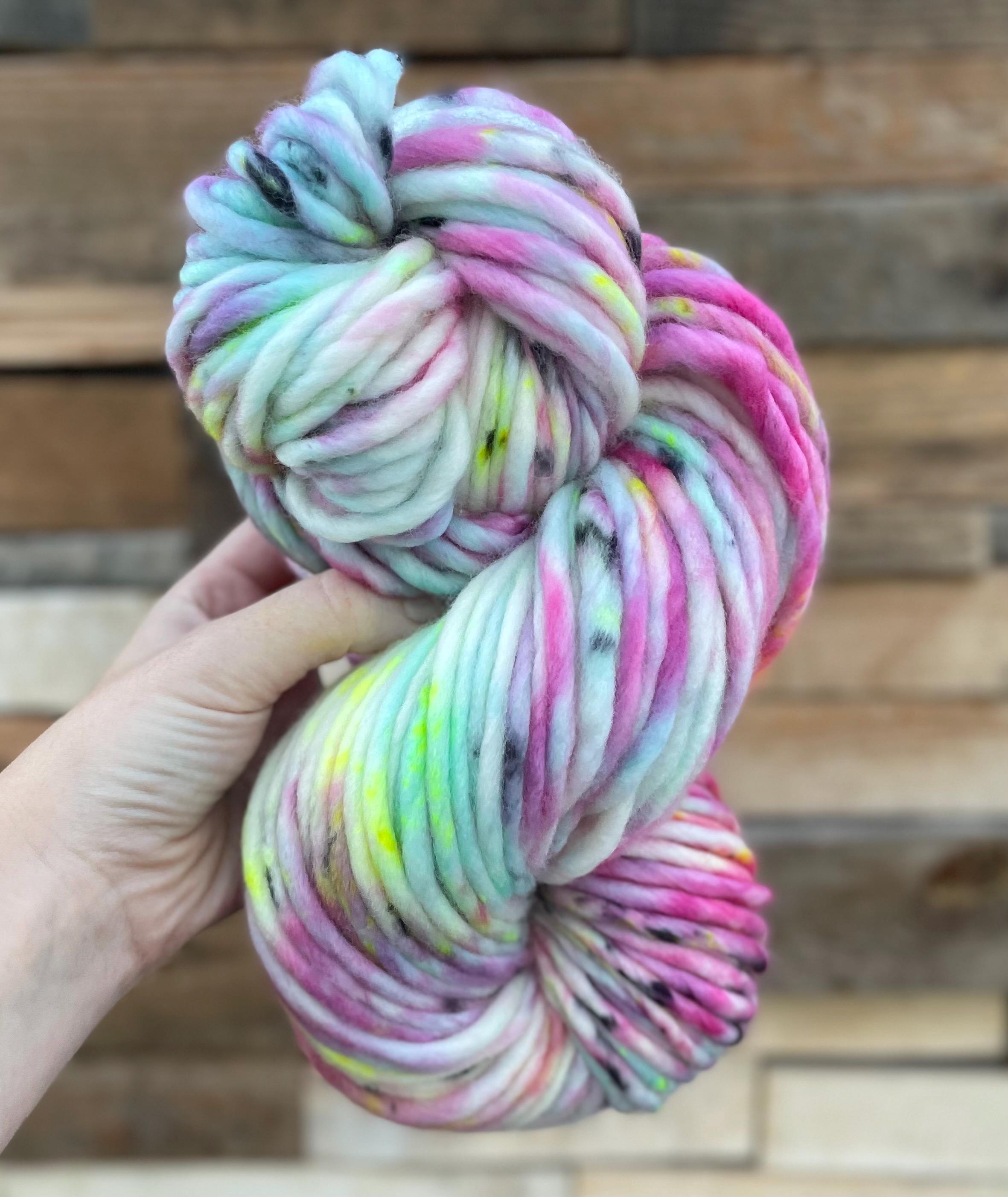 Garden Hand dyed super bulky merino wool, size 6, 98 yards, natural, pink blue yellow black, speckled, solid, multicolor indie dye superwash